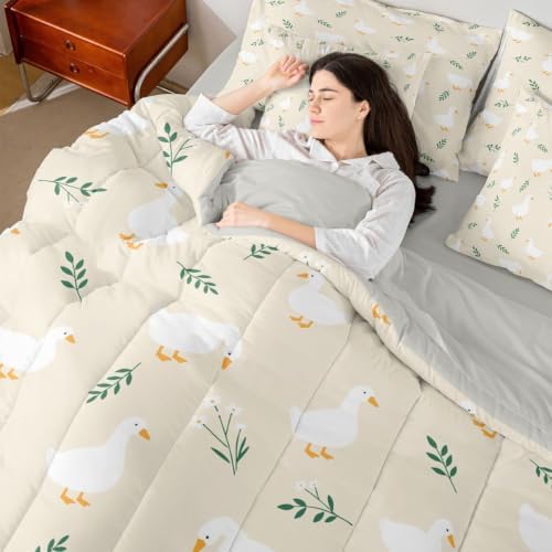 Erosebridal Cute Silly Goose 7-Piece Bed in a Bag Cartoon Ducks Bedding Set Full Size for Kids Boys Girls Kawaii Floral Animals Comforter Set with Sheets Beige Farmhouse Animal Duvet Insert