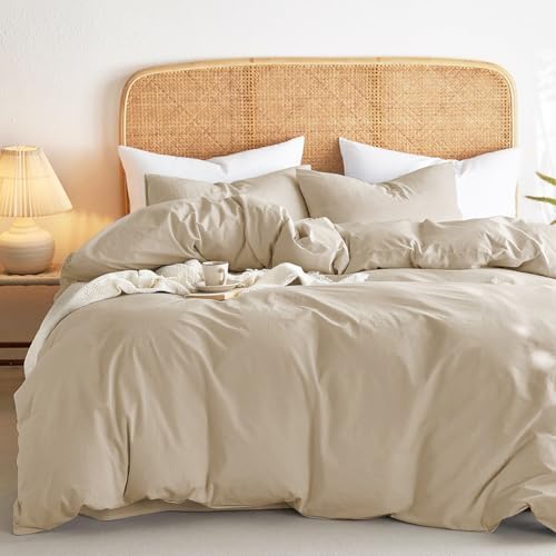 Wake In Cloud - Cotton Duvet Cover Set, 100% Washed Cotton, Linen Like Textured, Breathable Durable Comfy Farmhouse Neutral Bedding Set, 3 Pieces, Khaki Linen, Queen Size