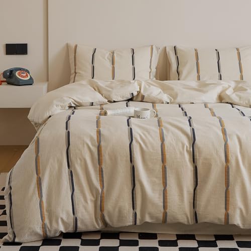 mixinni Cotton Linen Jacquard Duvet Cover Set Queen, 3-Piece Mid-Century Modern Bedding, Vintage Striped Bohemian Duvet Cover with 2 Pillowcases, All-Season Breathable Comforter Cover-Queen Size