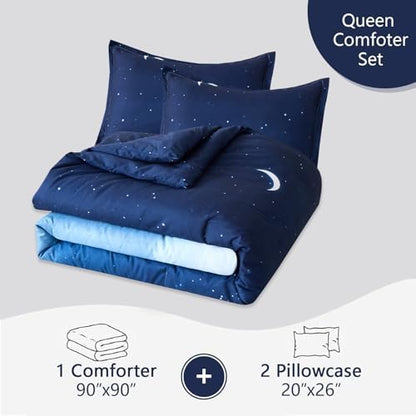 Caressma Blue Starry Sky Comforter Set Moon Galaxy Queen Size 3 Pieces