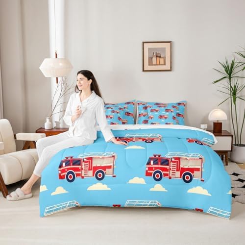 Erosebridal Cartoon Fire Truck Queen Bed in A Bag, Red Firemen Car Comforter Set with Sheets, White Cloud Blue Sky 7 Pieces Bedding Set for Kids Men Teens Boys Room Decor, Fire Engine Bed Sets
