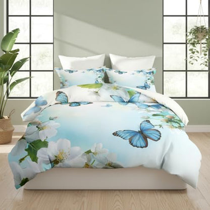 CCoutueChen Butterfly Floral Bedding Set King Size, Country Comforter for Women Blue Botanical Flowers Bedroom Decor, 3 Pcs 2 Pillowcases, 104"x90"
