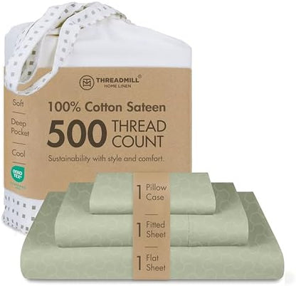 Threadmill 500 Thread Count Twin-XL Size 3 Pc Luxury Cotton Bed Sheet Set, Jacquard Floria Sage Green, Breathable Sheets with 15" Elasticized Deep Pocket, 1 Pillowcase & Free Tote Bag