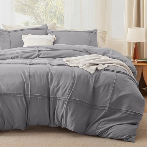Bedsure Grid Boho Duvet Cover King, Textured Bedding, 3-Piece, Grey