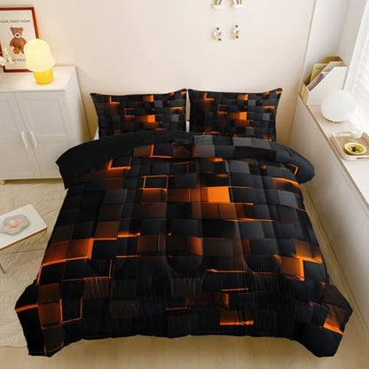 Nttopship Neon Yellow Black Comforter Set Twin Geometric Kids Bedding Set,3 PCS Geometry Honeycomb Bed Set Modern Quilt Set 1 Comforter 2 Pillow Cases Cool Room Decor All Season B-Side Black