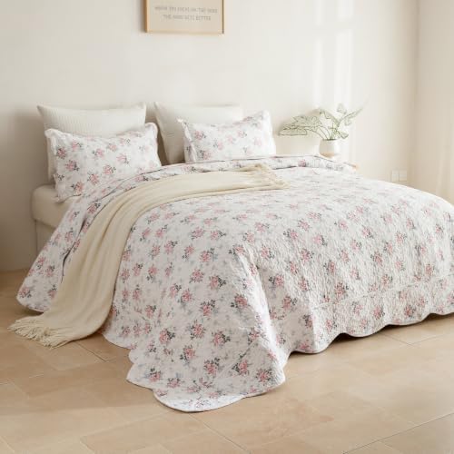 Lady Ann Cotton Floral Quilt Set, Blush Pink Rose Pattern Printed King Bedding Set, 3 Pcs Lightweight Scalloped Edge Ultra Soft Bedspread & Coverlet for All Season