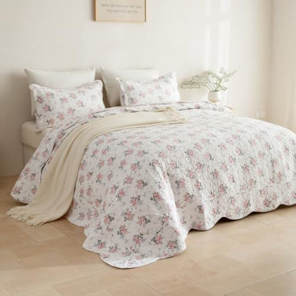 Lady Ann Cotton Floral Quilt Set, Blush Pink Rose Pattern Printed King Bedding Set, 3 Pcs Lightweight Scalloped Edge Ultra Soft Bedspread & Coverlet for All Season