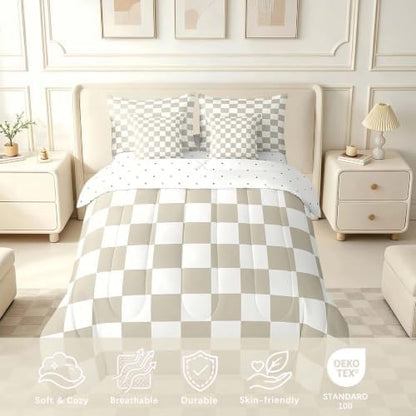 Feelyou Checkered 7 Piece Bedding Set Teen Women Men Beige Plaid Comforter Set with Sheets Full Size Kids Boys Cute Retro Neutral Checkerboard Geometric Bed in a Bag Vintage Aesthetic Room Decor