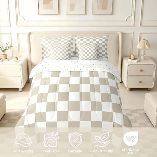 Feelyou Checkered 7 Piece Bedding Set Teen Women Men Beige Plaid Comforter Set with Sheets Queen Size Kids Boys Cute Retro Neutral Checkerboard Geometric Bed in a Bag Vintage Aesthetic Room Decor