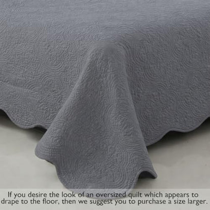 Cozy Line Home Fashions Charcoal Gray Cotton Quilt Set – 3-Piece Solid Textured Quilted Bedspread with Shams, Lightweight All Season Modern Bedding (Blantyre - Grey, Queen - 3 piece)