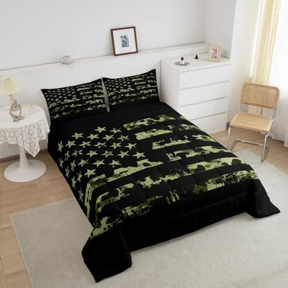 Erosebridal American Flag Bedding Set, Camouflage Comforter Set Twin for Kids Boys Teens Adult, USA Federations Stars Duvet Sets Geometric Stripes Camo Down Comforter for Bedroom Decor, Army Green