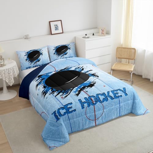 Ice Hockey Bedding Set King Size, Stadium Comforter Set 3pcs for Kids Boys Men Room Decor, Winter Sports Event Quilt Set Blue Black Graffiti Duvet Insert, 2 Pillowcases