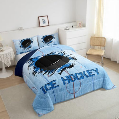 Ice Hockey Bedding Set King Size, Stadium Comforter Set 3pcs for Kids Boys Men Room Decor, Winter Sports Event Quilt Set Blue Black Graffiti Duvet Insert, 2 Pillowcases