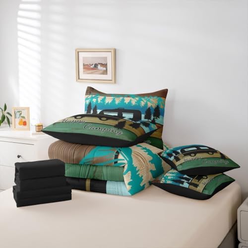 Erosebridal Happy Camping 7 Pieces Bedding Set Queen Size,Retro Wood Camp Camper Bed in a Bag,Travel RV Bed Set Includes Comforter,Sheet Set,Pillowcases & Pillow Covers,Vintage Farmhouse Bedroom Decor