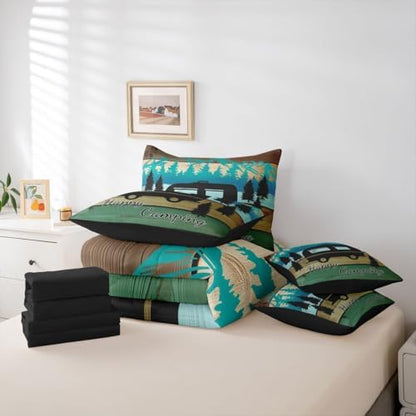 Erosebridal Happy Camping 7 Pieces Bedding Set Queen Size,Retro Wood Camp Camper Bed in a Bag,Travel RV Bed Set Includes Comforter,Sheet Set,Pillowcases & Pillow Covers,Vintage Farmhouse Bedroom Decor