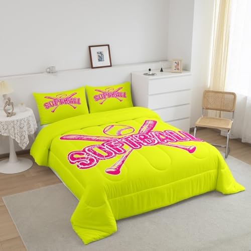Homewish Teens Softball Comforter Set Queen Size,Ball Games Theme Bedding Set for Kids Boys Girls Bedroom Decoration,Yellow Pink Bed Duvet Insert,Sports Softball Comforter with 2 Pillowcases