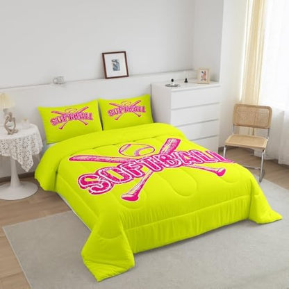 Homewish Teens Softball Comforter Set Queen Size,Ball Games Theme Bedding Set for Kids Boys Girls Bedroom Decoration,Yellow Pink Bed Duvet Insert,Sports Softball Comforter with 2 Pillowcases