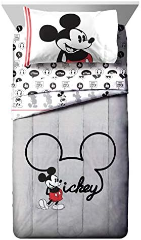 Disney Mickey Mouse Twin Comforter Set 4 Piece Cartoon Bedding, Gray
