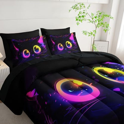 Nttopship Cute Cat Kids Comforter Set Full Size 7pcs Black in Dark 3D Digital Animals Printed Pattern Comforter Set for Kids Boys Girls Adults Animal Print Room Decor
