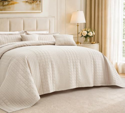 Oversized King Bedspreads 128x120, Grid Stitch, Taupe