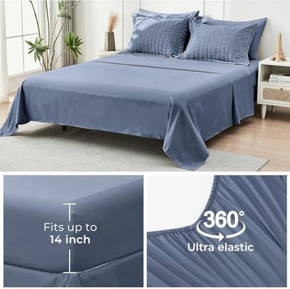 HYMOKEGE Nordic Blue Twin Comforter Set Seersucker 5 Pieces, All Season Luxury Bed in a Bag for Bedroom, Bedding Set with Comforter, Sheets, Pillowcase & Sham