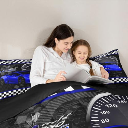 Feelyou Race Car Duvet Quilt Full Size Blue Speed Sports Car Bedding Set for Kids Boys Girls Decor Automobile Bedding Set Breathable Soft Lightweight Microfiber Extreme Sports Bedroom Decor