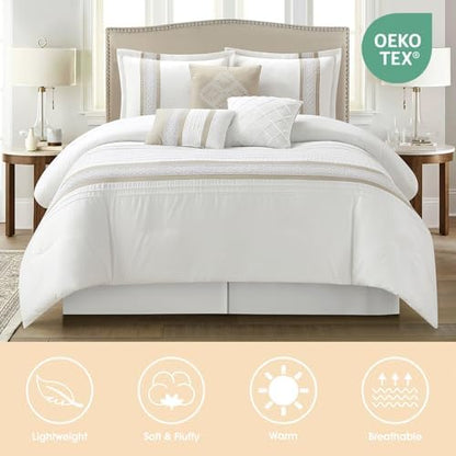 LANCO MODERN LIFESTYLE 7 Piece Comforter Set, Taupe White, Queen Size, Boho Style Geometric Microfiber Embroidery, Bed in a Bag with Bedskirt, Pillow Shams and Decor Pillows