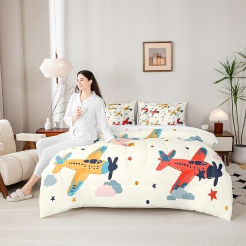 Erosebridal Aircraft Kids King Comforter Set with Sheets 7 piece Cartoon Airplane Clouds Bed in A Bag Flying Plane Stars Print Bedding Sets for Boys Girls Airplane Enthusiasts,Aviation Theme Bed Set