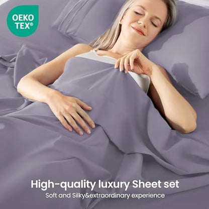 ROSE&RISY Light Lavender King Sheet Set, 4 Pieces Soft Bedding King Sheet Set, Breathable and Cooling,Includes 1 Fitted Sheet, 1 Flat Sheet, 2 Pillowcases - Deep Pocket (Light Lavender, King)