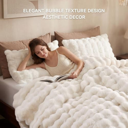 Smoofy Fluffy Faux Rabbit Fur Bubble Comforter California King -Cream White