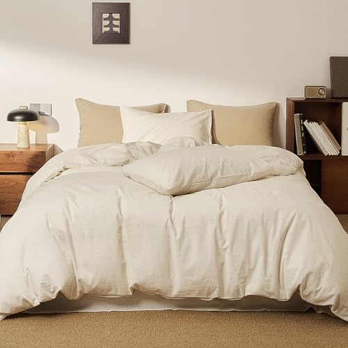 mixinni 3 Piece Washed Cotton Linen Blend Duvet Cover Set King Size, Soft Breathable Farmhouse Beige Neutral Solid Duvet Cover with Natural Linen Texture, 104x90 inches with 2 Pillowcases