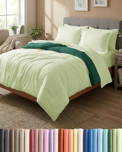 Queen Comforter Set - 7 Piece Reversible Bed in a Bag - Light Sage/Emerald