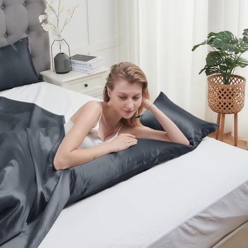 Vielit Satin Body Pillow Cover 1pc,Silky Body Pillow Pillowcase Similar to Silk Pillow Cases Soft Long Pillowcase 20x54 & Envelope Closure, for Women Men Dark Grey & 1 Satin Scunchie