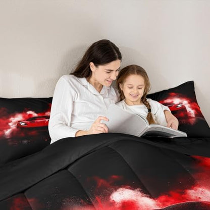 Erosebridal Red Race Car Bedding Set for Toddler Kids,Racing Car Twin Size Comforter Set for Boys,Cool Speed Sports Cars Bed Sets,Racing Games Cars Room Decor,Soft Breathable,Black Red