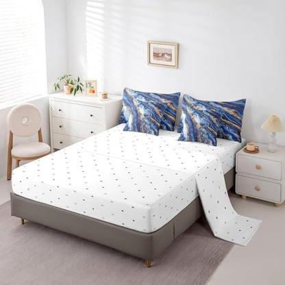 Erosebridal Watercolor Marble Printed Comforter Set Full Size,Blue Tie Dye Bedding Set for Kids Teens,Retro Artwork (Comforter+Fitted+Flat Sheet+2 Pillowcases+2 Throw Pillow Covers) 7 Pieces Bed Set