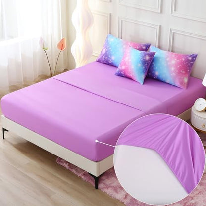 JQinHome Glitter Bedding Set Queen Size,6 Piece Bed in A Bag 3D Colorful Rainbow Galaxy Comforter Set for Girls Kids-All Season Microfiber Tie-Dye Bedding Sets (Blue Purple)