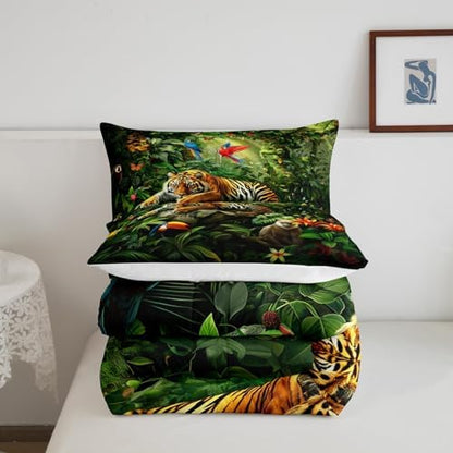3D Tiger Comforter Set Queen Size,Monkey Parrot Wild Animals Bedding Set,Tropical Palm Tree Jungle Quilt Set for Kids Boys Girls Adult Bedroom Decor,Nature Wildlife Theme Duvet Insert,2 Pillowcases