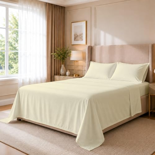 Cottingon 4 PC Olympic Queen Sheets, 15" Deep, Egyptian Cotton, Beige
