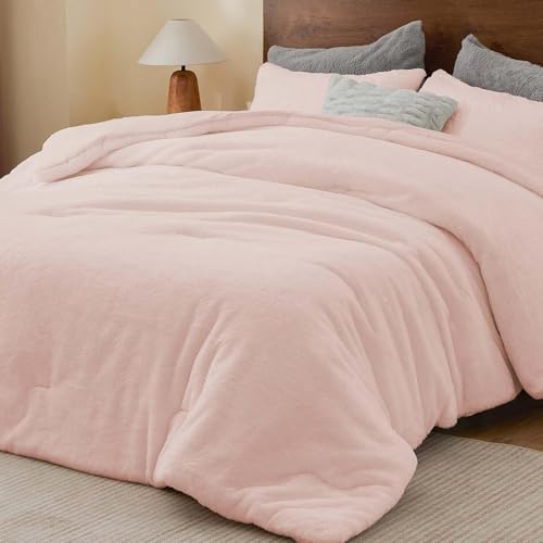 BEDELITE Faux Fur King Comforter Set Pink,Warm Bedding with 2 Pilowcases