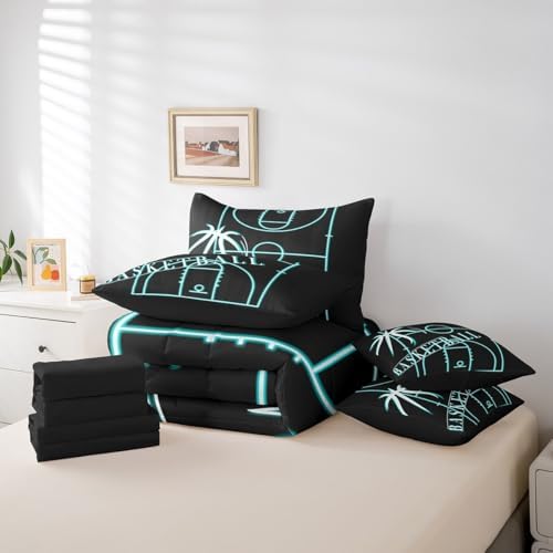 Sports Bedding Twin Size 7Pcs for Boys Basketball Comforter Set, Basketball Game Bedding Comforter Sets Black Teal Bed in a Bag, Neon Blue Basketball Court Bedding Accessories (Black Reversible)