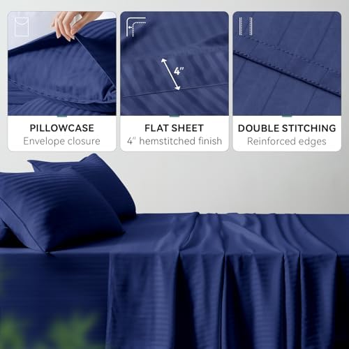 Cooling Sheets Set Full Size, Viscose Derived from Bamboo for Hot Sleepers, Double Stitching, Deep Pocket to 16 Inch, Silky Soft and Breathable Bedding, 4PC (Full, Jacquard Navy)