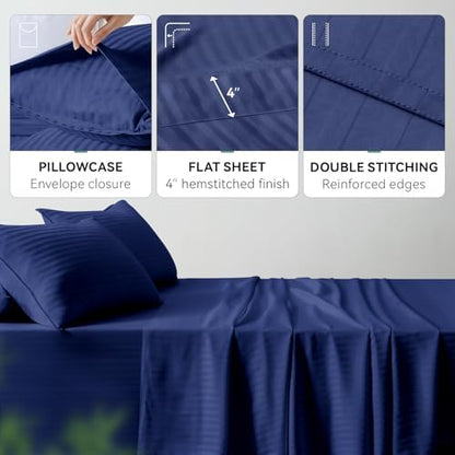 Cooling Sheets Set Full Size, Viscose Derived from Bamboo for Hot Sleepers, Double Stitching, Deep Pocket to 16 Inch, Silky Soft and Breathable Bedding, 4PC (Full, Jacquard Navy)