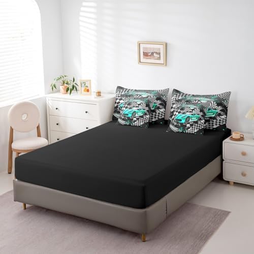 Castle Fairy Racing Car Comforter Set Bed in a Bag 7 Pieces Twin,Boys Men Speed Sport Bedding Set,Vintage Abstract Geometric Track (Comforter+Fitted+Flat Sheet+2 Pillowcases+2 Throw Pillow Covers)