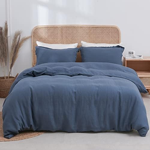 Simple&Opulence 100% Linen Duvet Cover Set 3pcs Basic Style Natural French Washed Flax Solid Color Soft Breathable Farmhouse Bedding with Button Closure - Classic Blue, Full