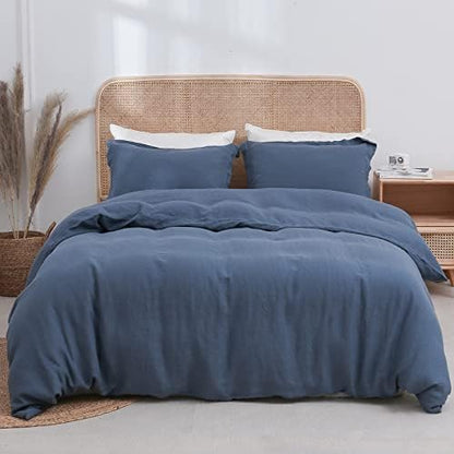 Simple&Opulence 100% Linen Duvet Cover Set 3pcs Basic Style Natural French Washed Flax Solid Color Soft Breathable Farmhouse Bedding with Button Closure - Classic Blue, Full
