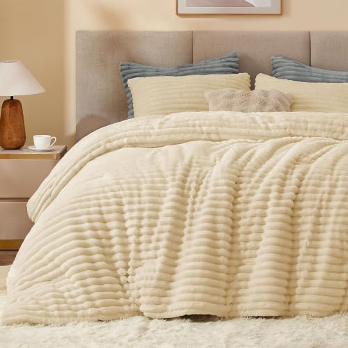 BEDELITE Fleece Oversized Queen Comforter Set, Fluffy Bed Set, Beige