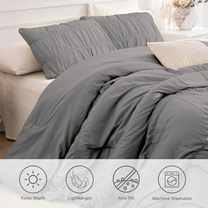Masaca Grey Oversized King Comforter Set 128x120,Ruched Ruffle Comforter Extra Large King Size Bedding,Shabby Boho Chic Farmhouse Bedding 3PCS (1 Gray Comforter+2 Pillow Shams)
