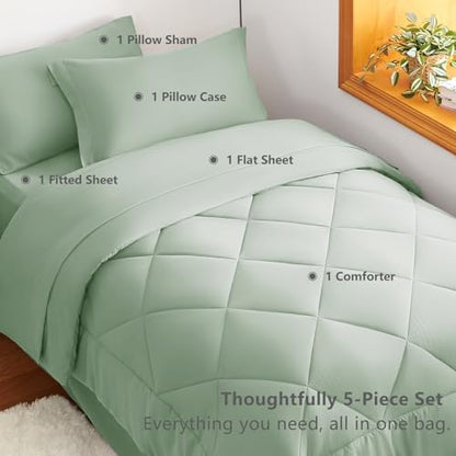 CozyLux Twin XL Comforter Set 68"x88" Sage Green - 5 Piece Bed in a Bag