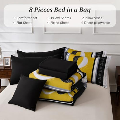 Anibedding Yellow Black Comforter Set Full Size,8 Pieces Bed in a Bag