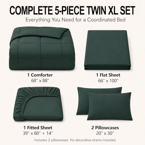 CozyLux Twin XL Comforter Set Forest Green - 5 Pieces Twin XL Bed in a Bag